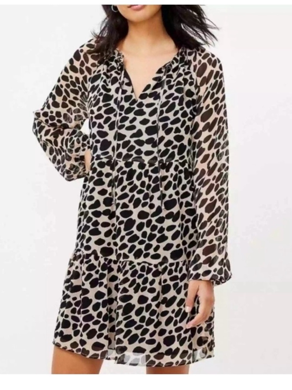 LOFT Womens Black and Cream Animal Print Long Sleeve Dress